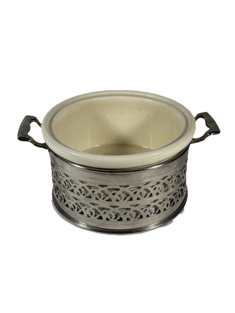 Vintage Silverplate Holder w/ Oven Proof Ceramic Insert Casserole Dish 9”