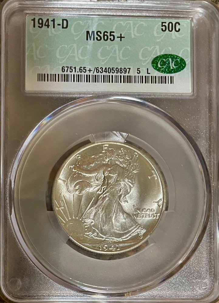 1941-D - Walking Half Dollar. CAC -MS 65+ White Gem.