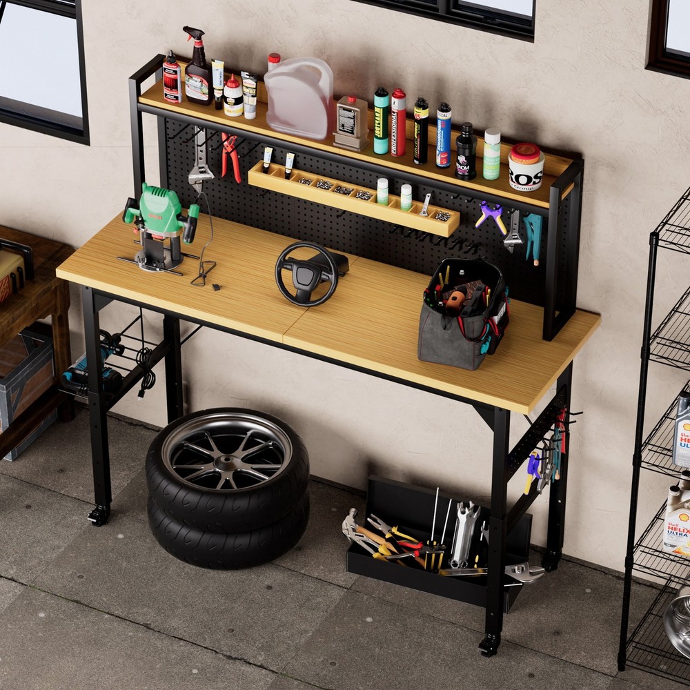 71" Adjustable Work Bench Table w Pegboard Rolling Wheels AC/USB Outlets 2000LB