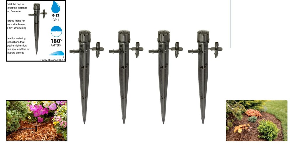 Water-Saving Drip Irrigation Micro-Bubbler on Stake, 180° Pattern, 4-Pack