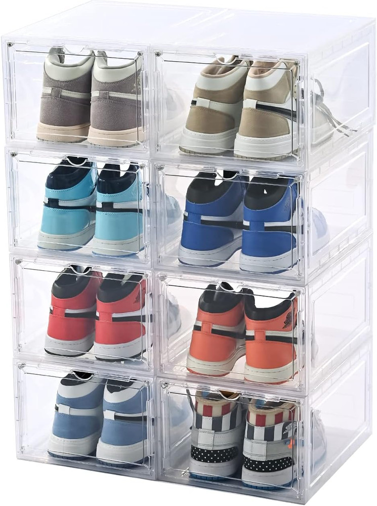 8 Pack US 15 XXL Clear Shoe Storage Boxes Stackable, Shoe Organizer Clear Pla...