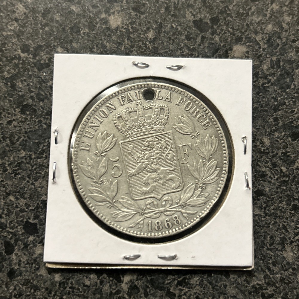 1868 Belgium 5 Francs Coin
