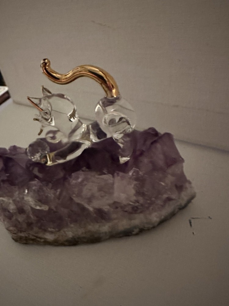 Cat With Rainbow Cut Ball On Amethyst Geode Stone