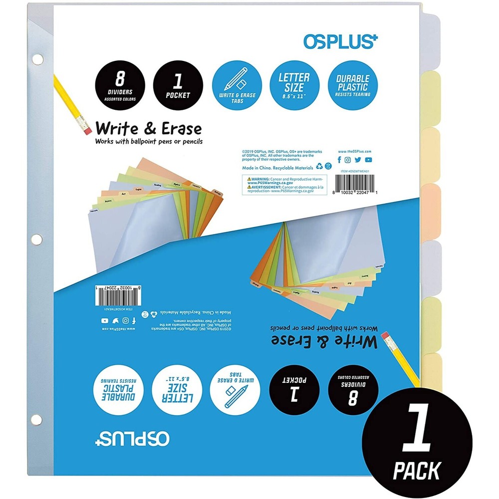 OS Plus 8-Tab 3 Ring Durable Colored Plastic w/Write & Erase Tab Binder Dividers