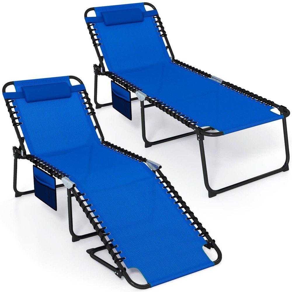2PCS Oversize Folding Chaise Lounge w/ Adjustable Backrest Pillow Pocket