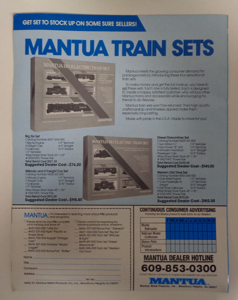 1986 Mantua Catalog & Sales Order Form