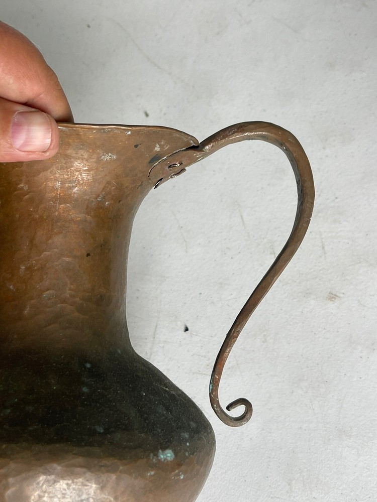 Antique Hammered Copper Pitcher with Scrolled Handle
