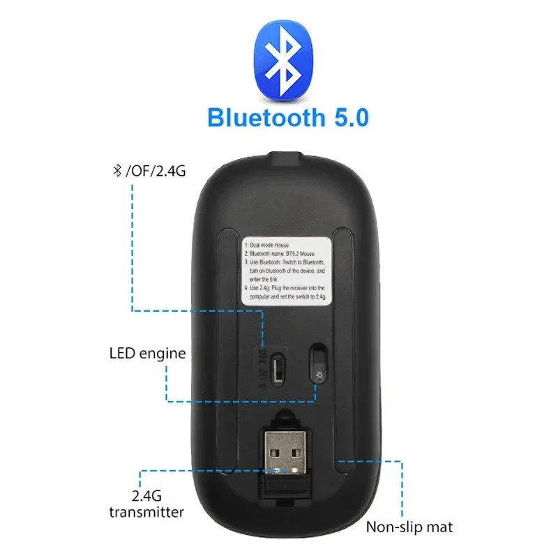 Rechargeable Bluetooth Wireless Mouse with 2.4GHz USB RGB 1600DPI Mouse for Comp