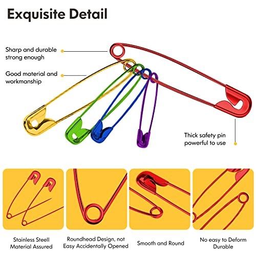 Safety Pins Assorted, 340 Pack 5 Different 5 Different Size, 340 Pack 5 Colors