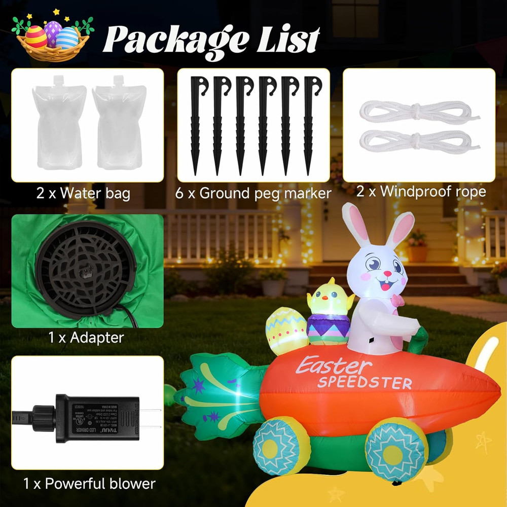 Inflatable Easter Bunny with Carrot Car and Easter Eggs, 6FT Easter Inflatables