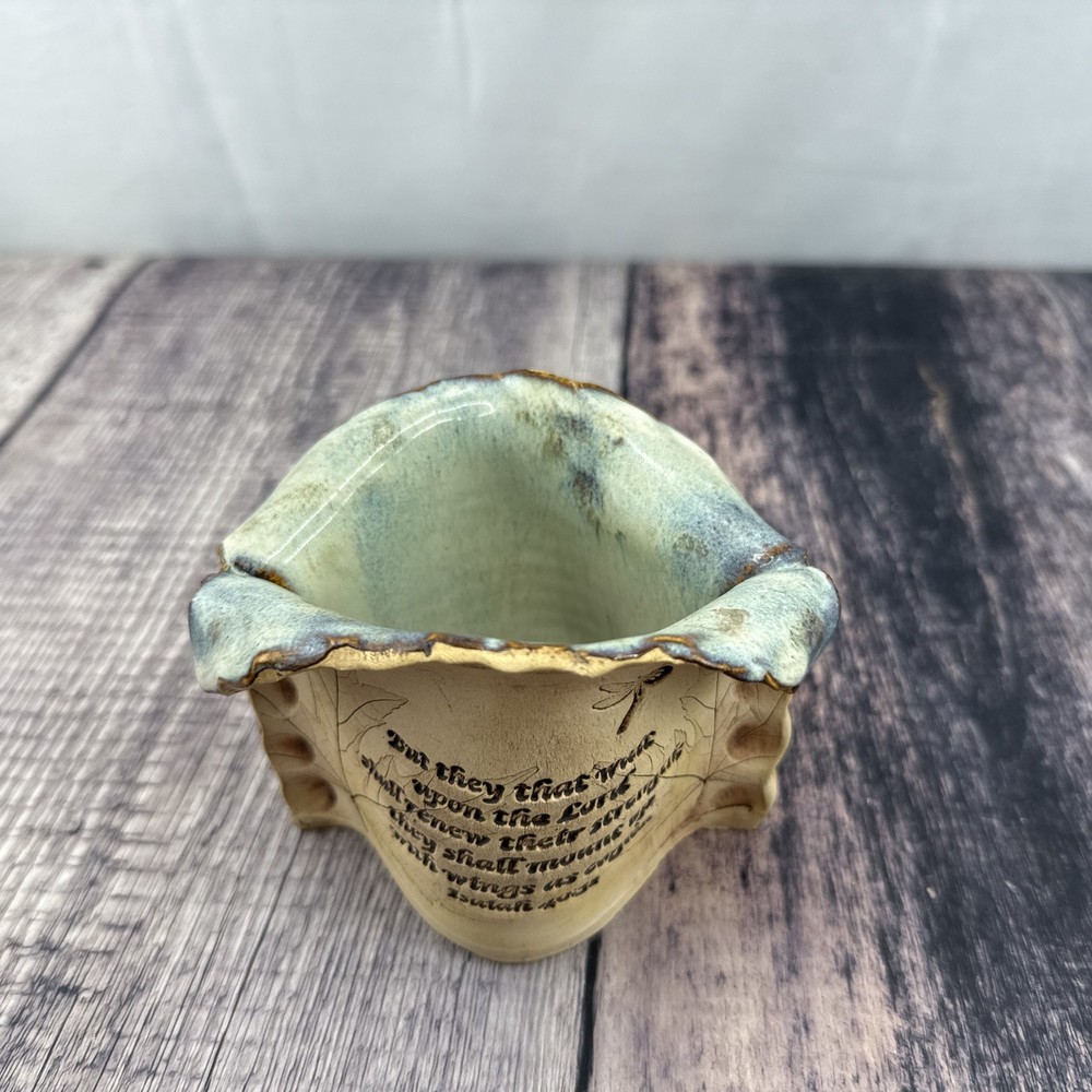 Signed Ragan Handmade Studio Pottery Vase 2006 LEAF DRAGONFLY Scripture 4in