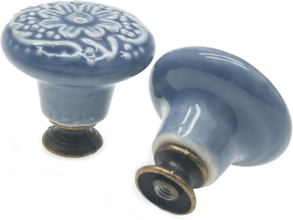 6 Pcs Ceramic Blue Drawer Knobs Vintage Flower Cabinet Knobs Furniture Pull Hand