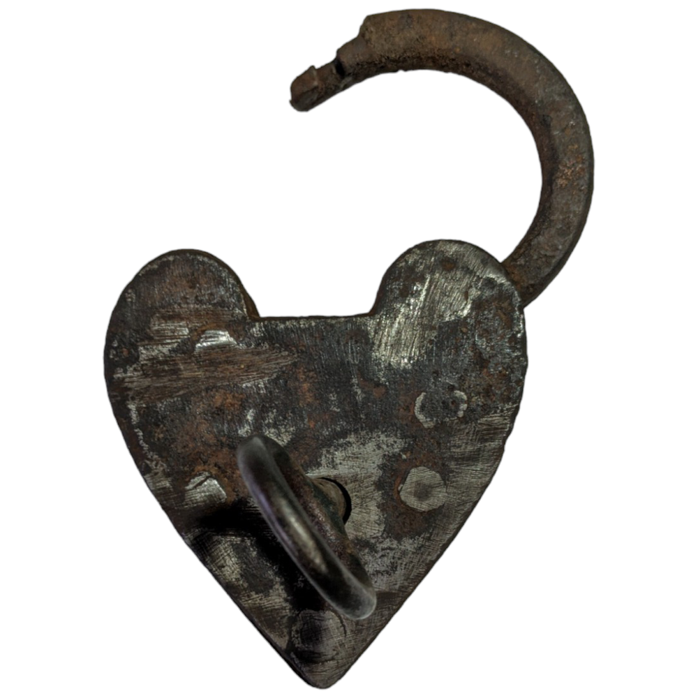 1850's Old Antique Solid Strong Heavy Iron Unique Heart Shape Lock & Key