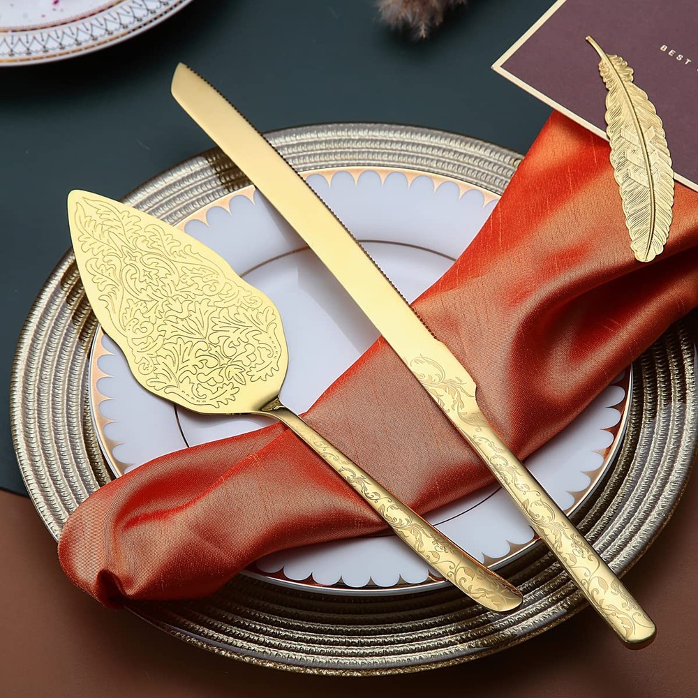 Gold Wedding Cake Knife and Server Set Titanium Gold Plating With Unique Pattern