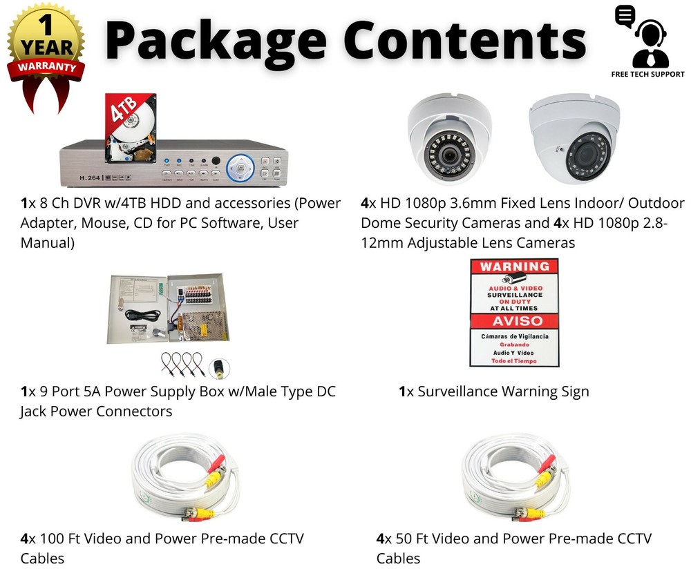 8 Channel HD CCTV Security Camera System 4TB Storage Playback Remote Access