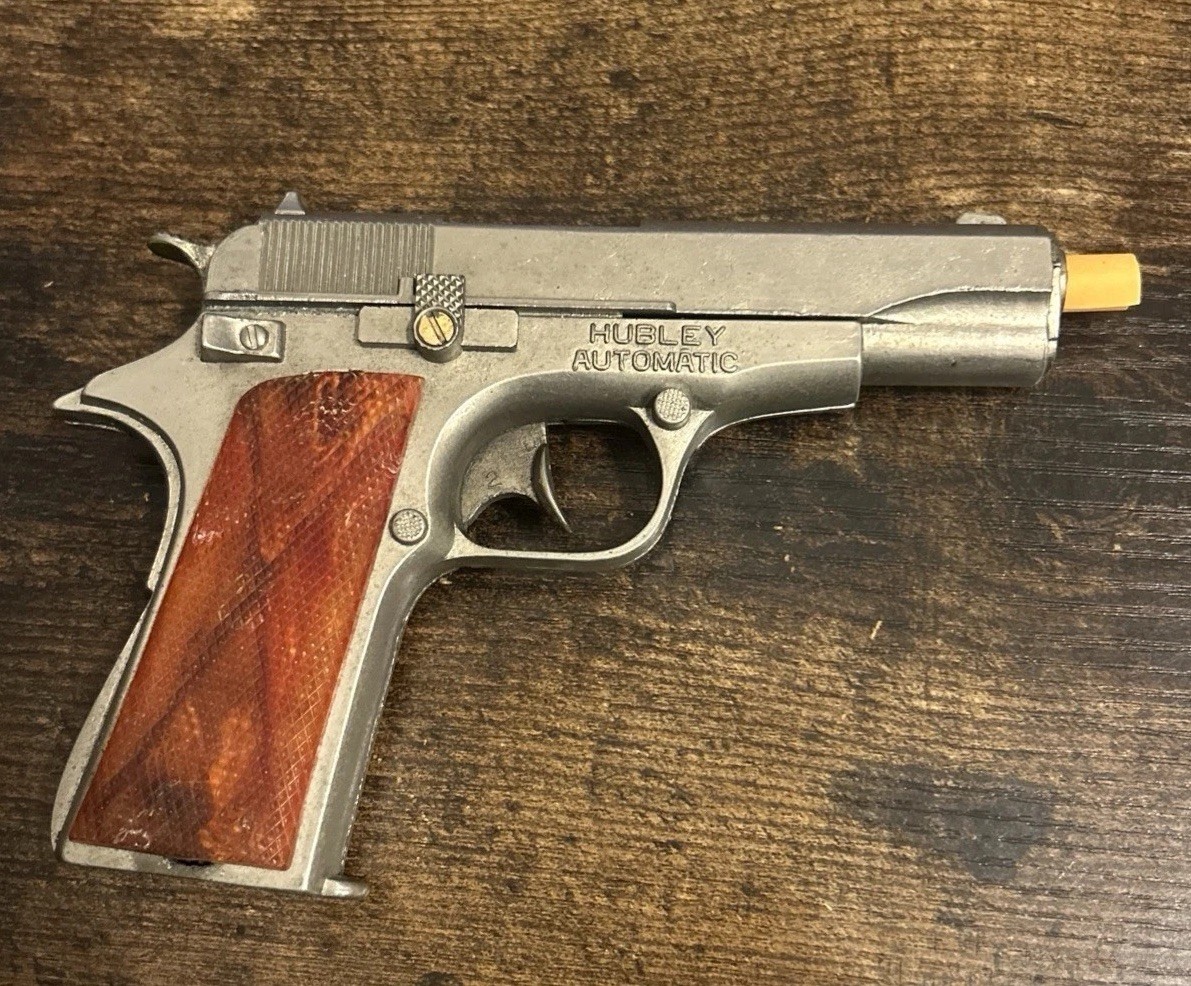 Vintage 1950s Hubley Automatic Colt 1911 6.50" Toy Cap Gun Pistol Fixed Orange