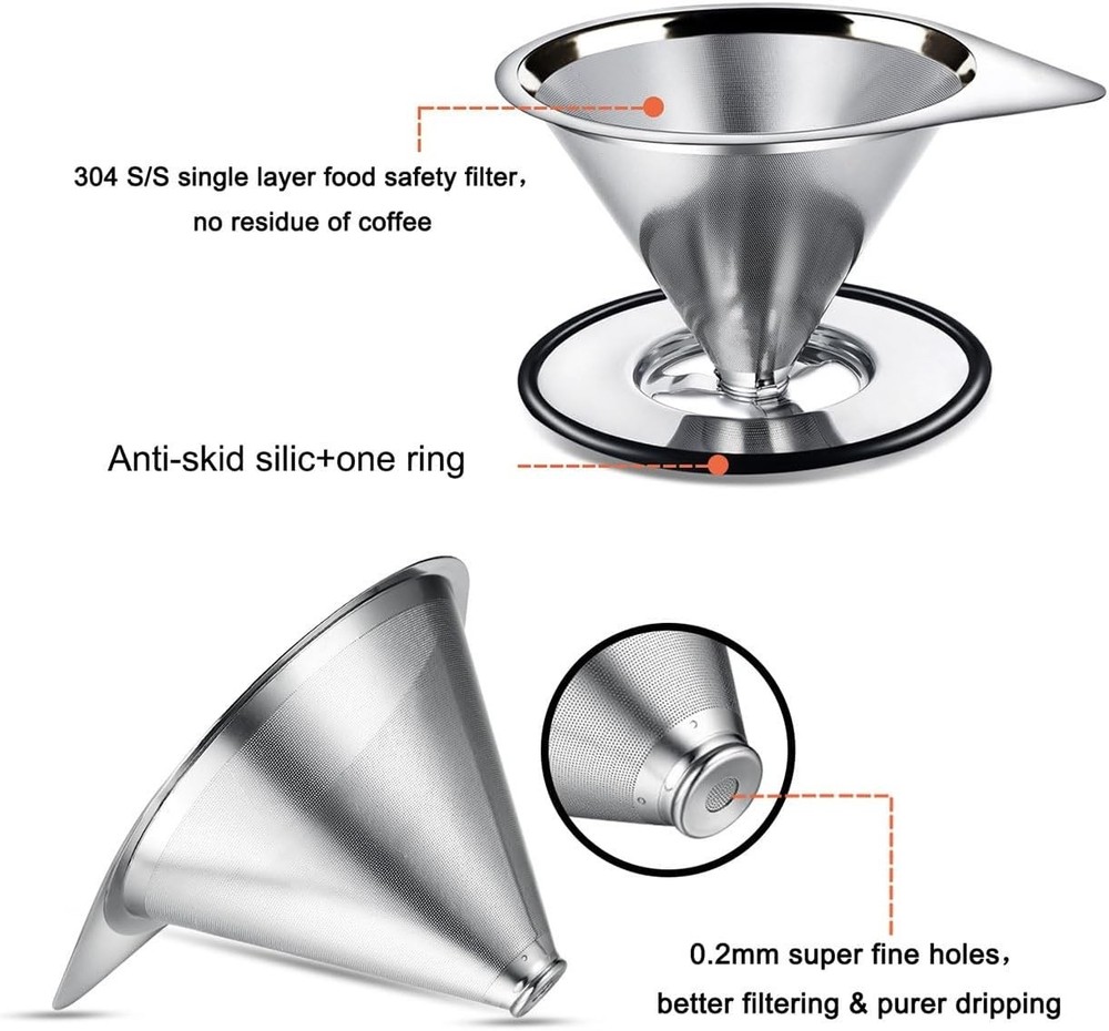 Stainless Steel Pour Over Coffee Dripper Cone Filter Reusable Single Cup with...