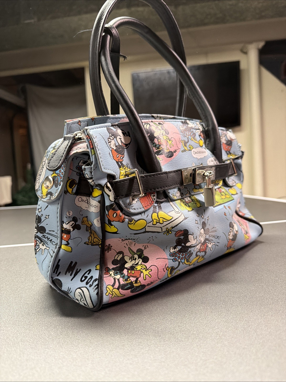 Disney Minnie & Mickey Mouse Purse Lock & Key Satchel Handbag Cartoon Comic Blue