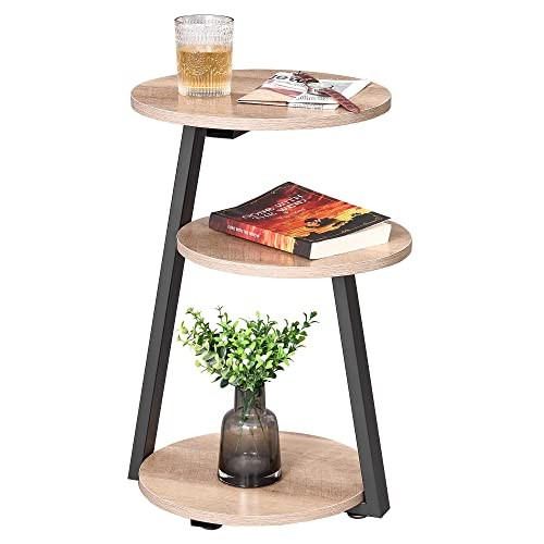 Round End Table Side Table with Metal Frame, Accent Table Nightstand Greige