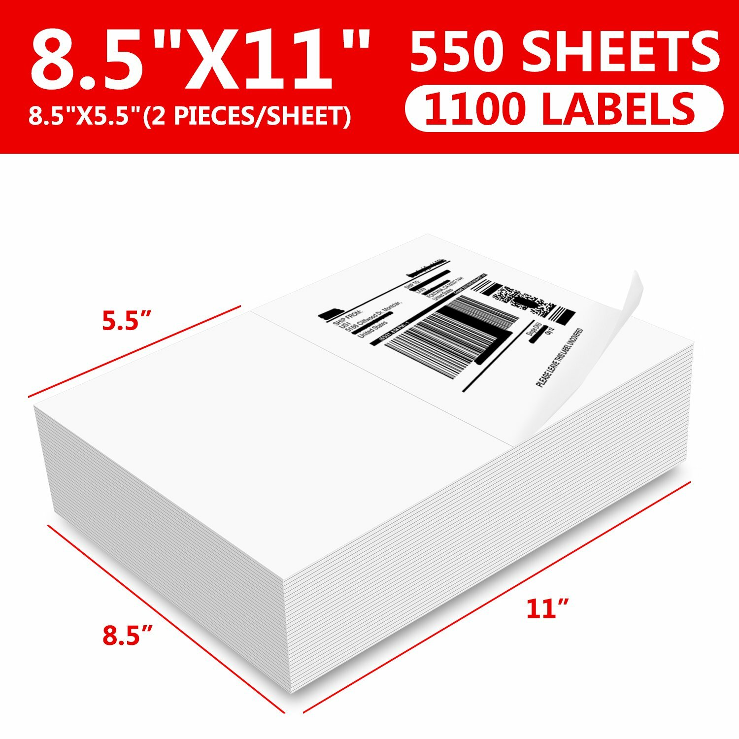 1100 Premium 8.5"X 5.5" Self Adhesive Shipping Labels Half Sheet for Laser