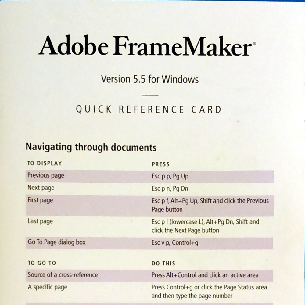 Adobe FrameMaker Version 5.5 Quick Reference Card Shortcut Guide for Windows