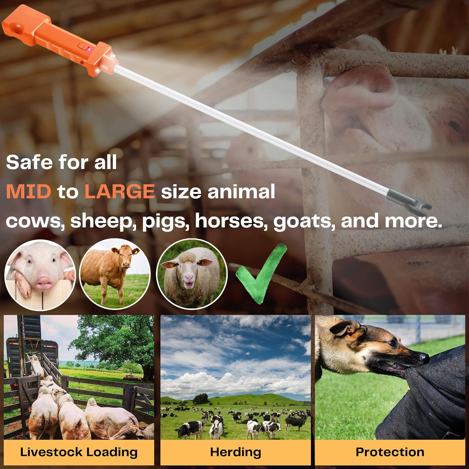 Cattle Prod, Rechargeable Electric Livestock Prod with 2 LED Lights, Waterproof