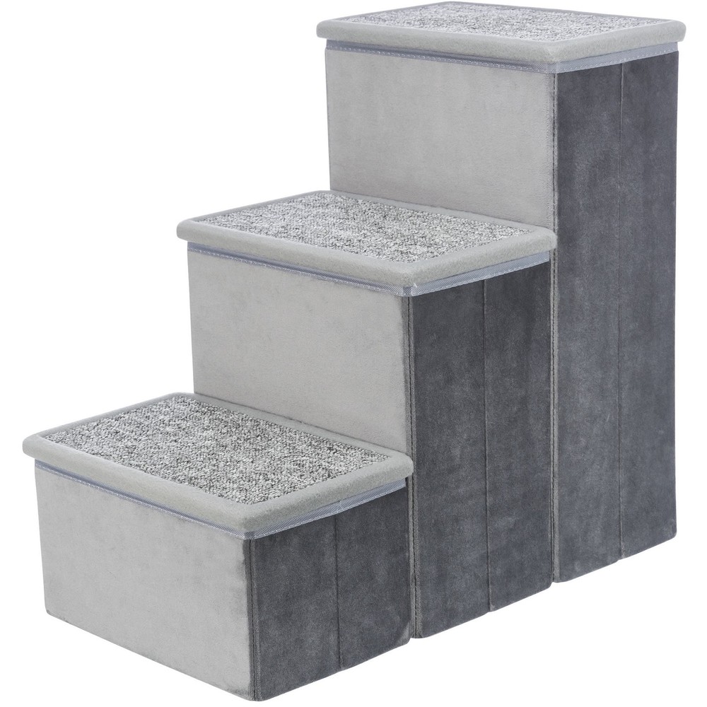 3-Step Foldable Velour Pet Stairs W/ Storage Gray
