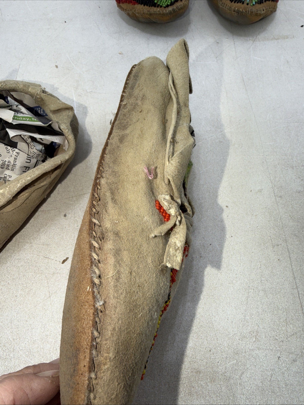 Authentic Native American Leather Beaded Moccasin Lot and Indian Rattle