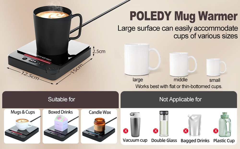 Fast Heating Coffee Mug Warmer,POLEDY Auto Shut Off Cup Warmer, Black