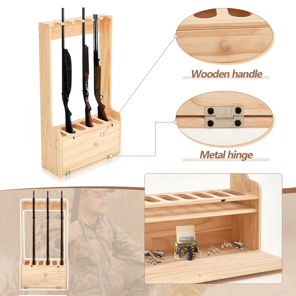 Gun Rack 6 Gun w/Storage Wood Gun Storage Display Rack Solid Pine Standing Gun