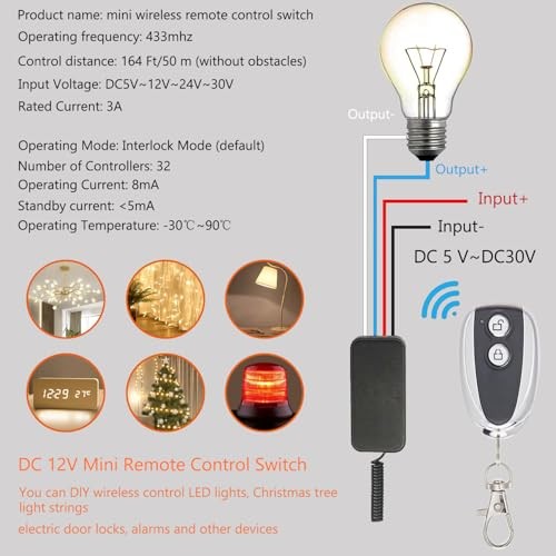12V 3A Wireless Remote Switch Remote Light Switch 164-Foot Wireless