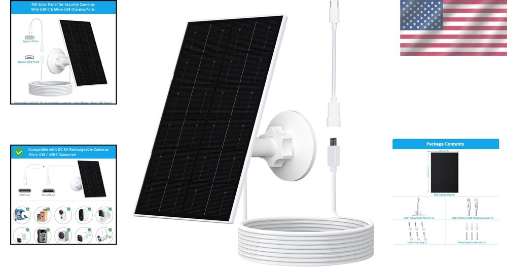 USB Solar Panel with 9.8FT Cable - Compatible & Adjustable for Security Cameras