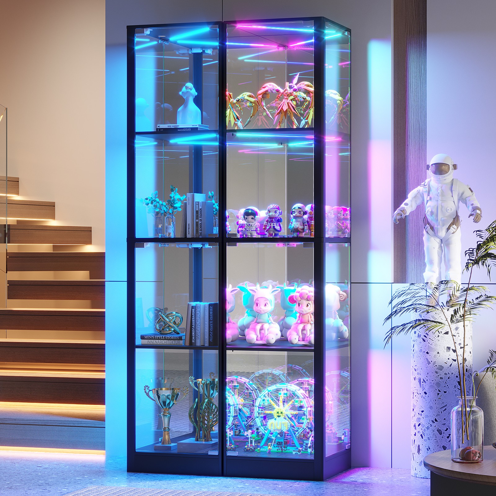 Gurexl Glass Curio Cabinet with RGB Lights, 4-Tier Display Case for Collectibles