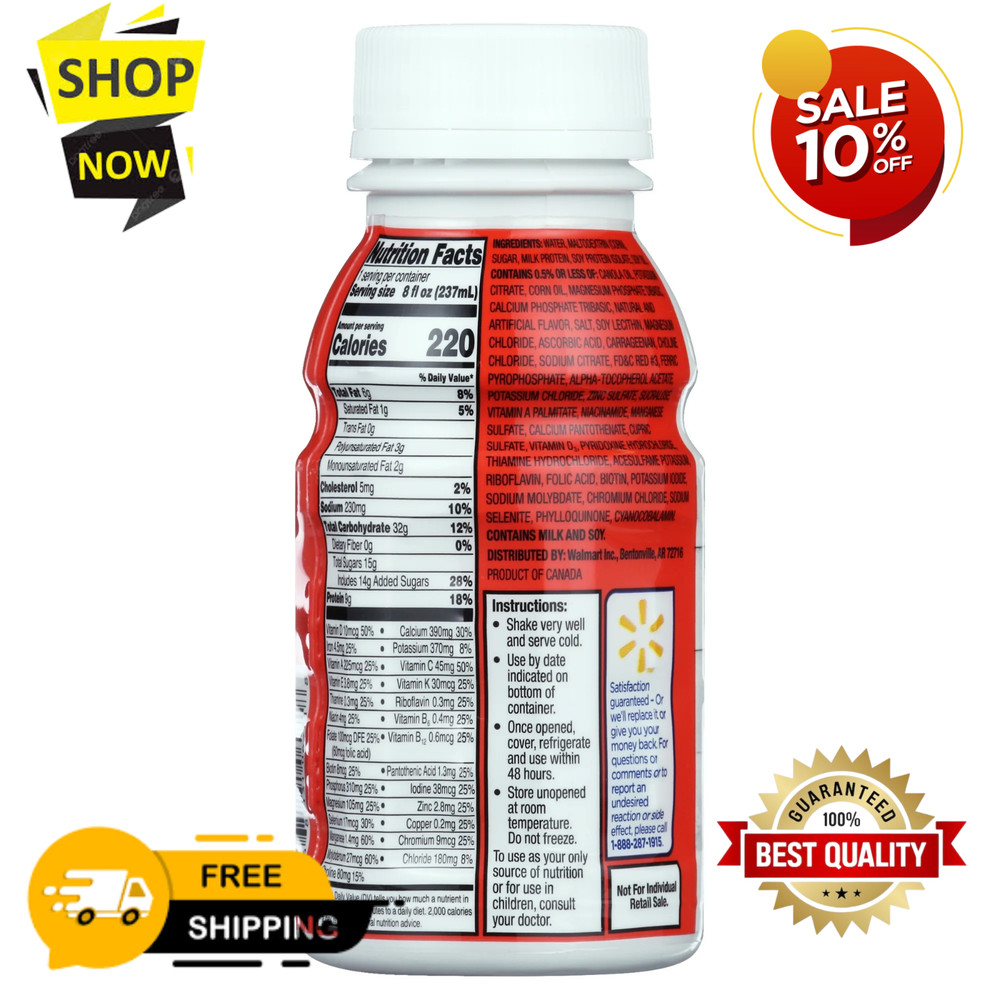 Equate Strawberry Nutritional Shake, 8 FL OZ, 6 Count