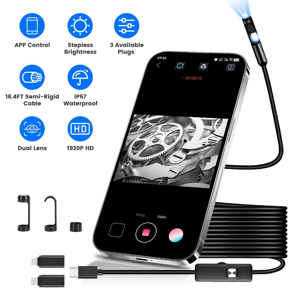 1920P Endoscope Camera w/ 16.4FT Borescope Inspection Cameras for iPhone Android