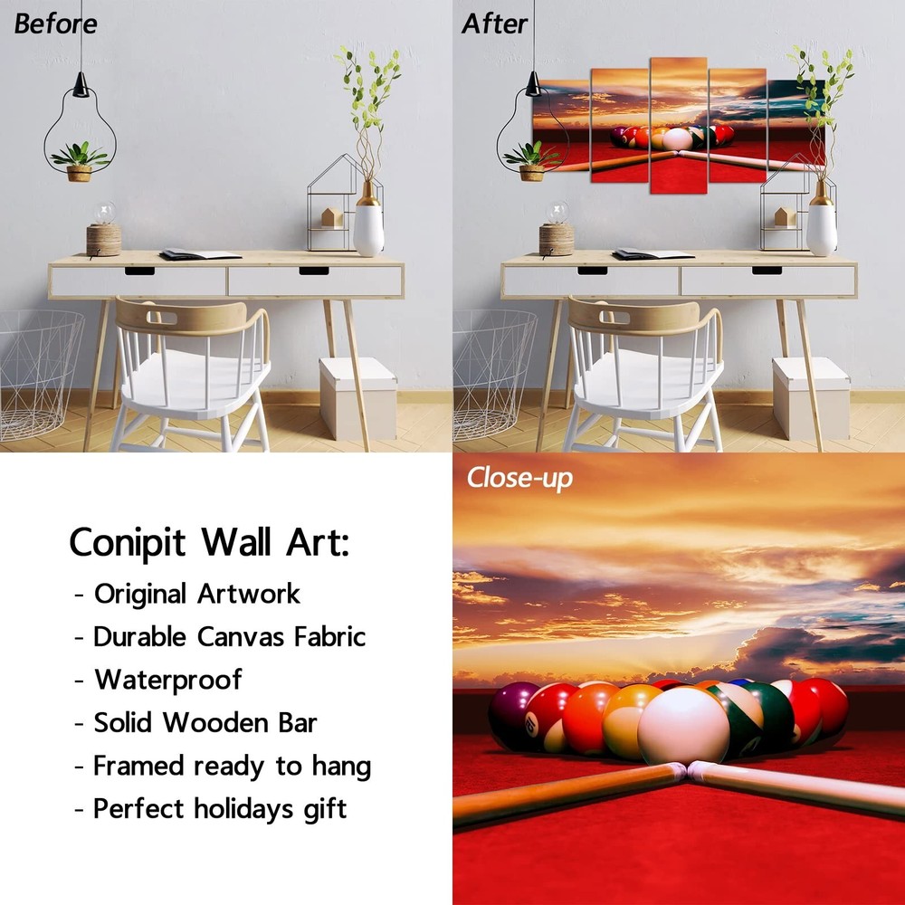 Conipit Billiard Balls Canvas Playing Pool Table Wall Art Snooker Pool Table ...