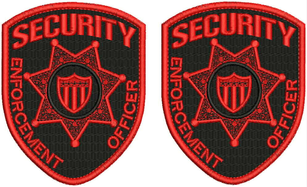 Security E Officer 2 Emb Patches 3.75x4.5 Velcr@ On back Red On Black