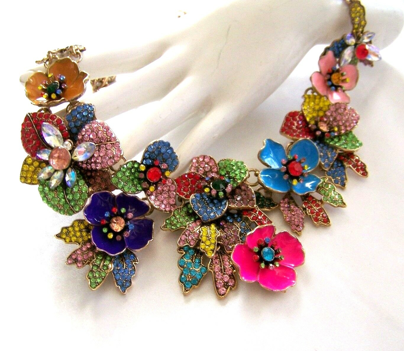 VALENTINE FLORAL BOUQUET VTG Style Pave Rhinestone Enamel Bib Necklace
