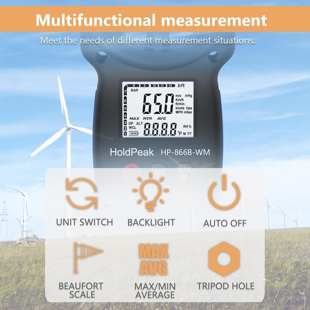 Handheld Anemometer Barometer Weather Meter for Wind Speed Temp Humidity