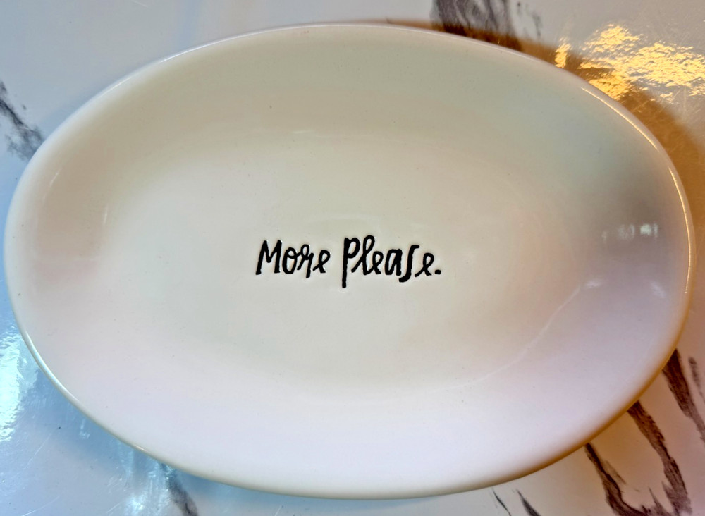 Rae Dunn 3 pc Serving Set. Dip/Dunk dip bowl. Plates: Devour & More Please