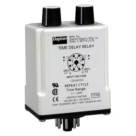 Dayton 1Egd3 Single Function Time Delay Relay, Octal, Cycle On, 1 Functions