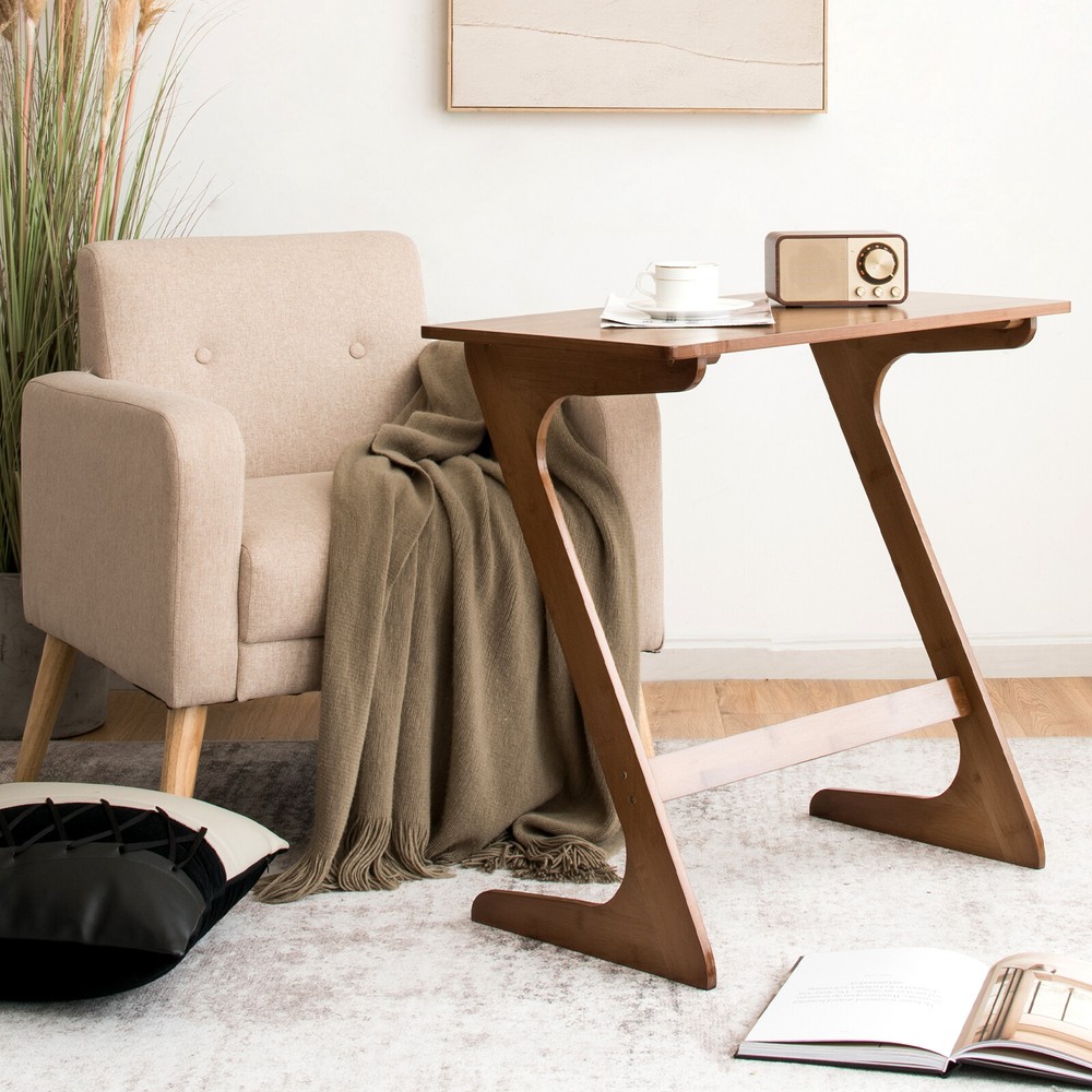 Bamboo Sofa Side Table Z-Shaped Spacious Tabletop Space-Saving TV Snack Tray