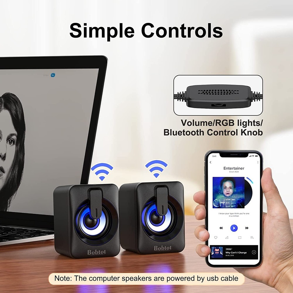 Mini Bluetooth Computer Speaker USB Powered Portable Stereo Audi with RGB Lights