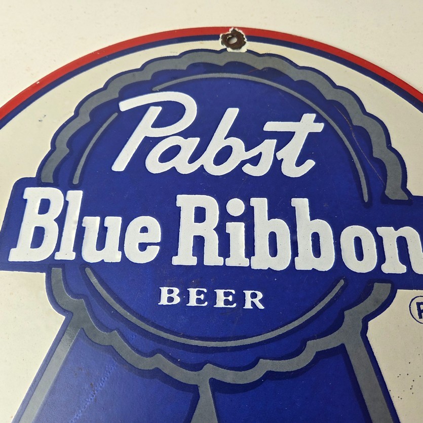 Vintage Pabst Blue Ribbon Beer Porcelain Sign - Ribbon Badge Logo Sign