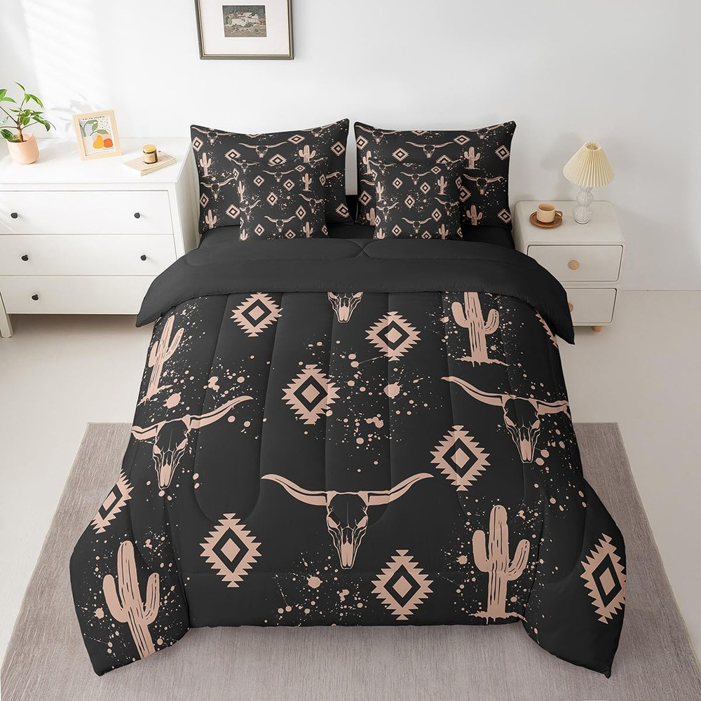 7 Pieces Bed Set Aztec Comforter Set Queen Size,Rustic Bull Skull Bedding Set fo