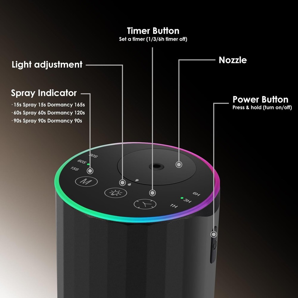 Waterless Essential Oil Diffuser, 7 Colors LED Light, Battery Powered Mini Scent