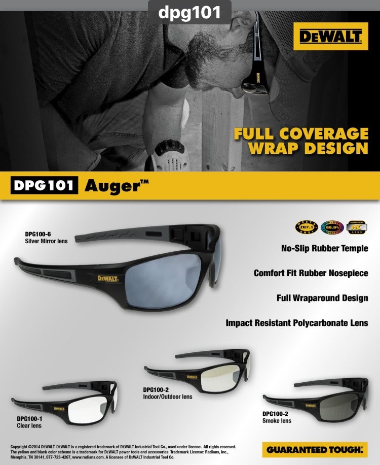 Dewalt DPG101- Auger Safety Lens Protective Safety Glasses/ Choose Color