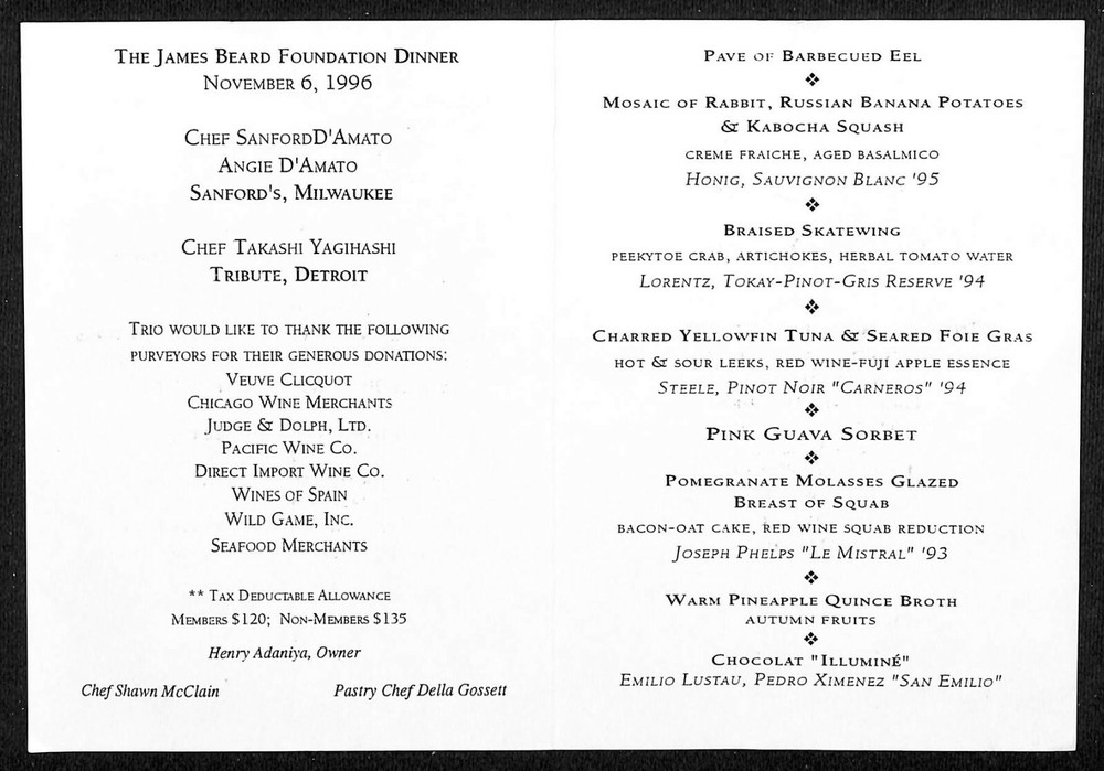 1996 James Beard Foundation Dinner Menu - Trio Evenson, IL