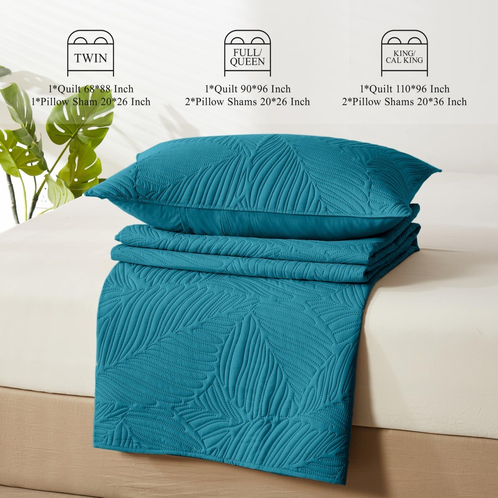 OARAGE Queen Quilt Bedding Set Soft Lightweight Teal Bedspread with Leaf Pattern