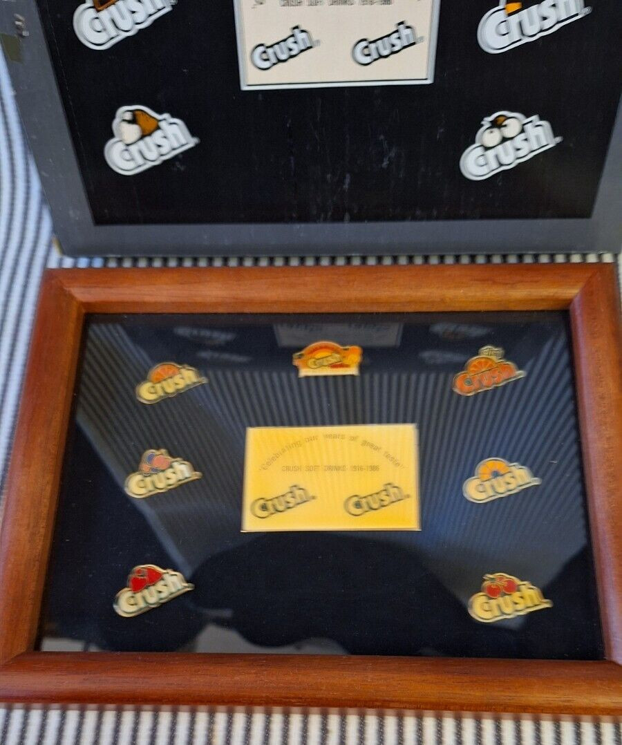 NIB VTG FRAMED ORANGE CRUSH 7 LAPEL PIN SET 1916-1986 70 YEARS SOFT DRINKS SODAS